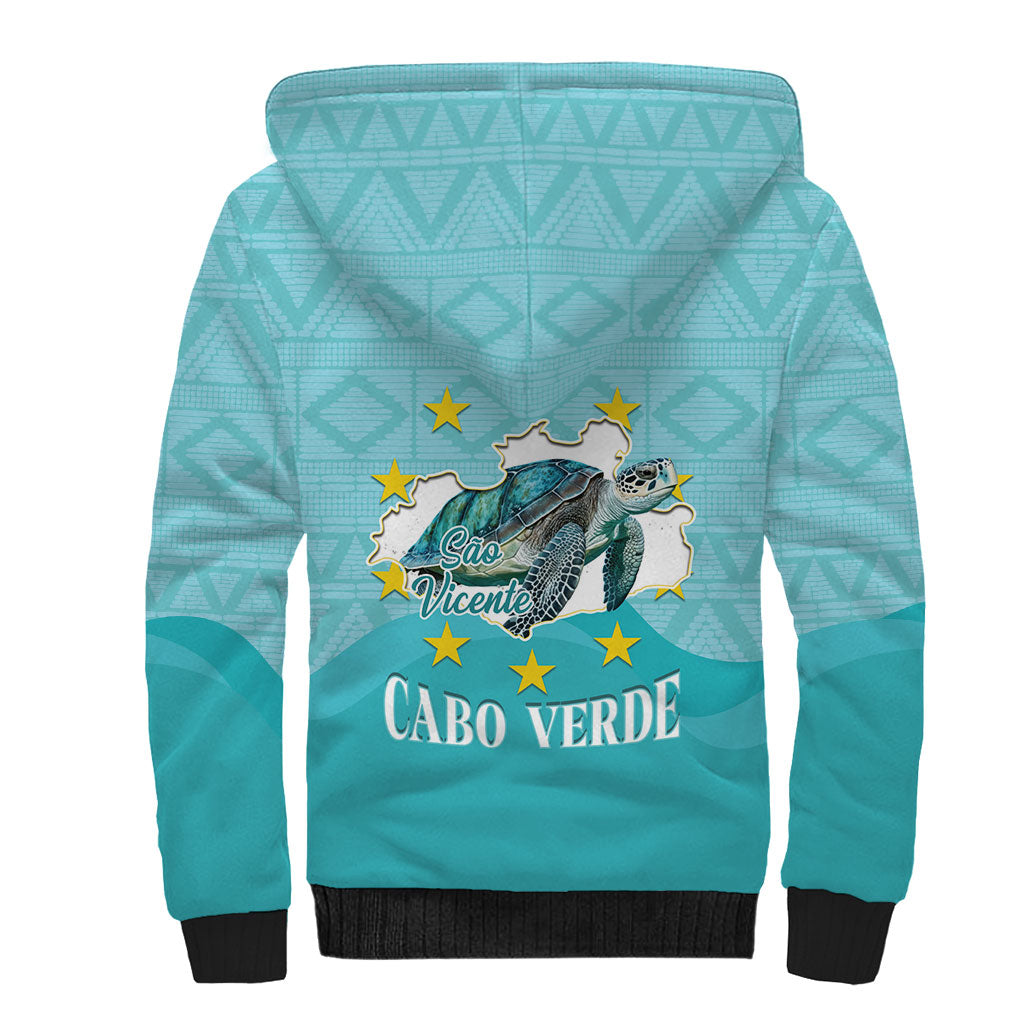 Sao Vincente Cabo Verde Sherpa Hoodie Map With Sea Turtle African Pattern