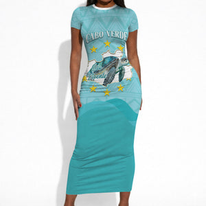 Sao Vincente Cabo Verde Short Sleeve Bodycon Dress Map With Sea Turtle African Pattern