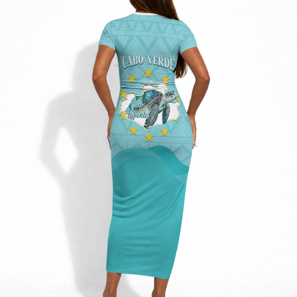 Sao Vincente Cabo Verde Short Sleeve Bodycon Dress Map With Sea Turtle African Pattern