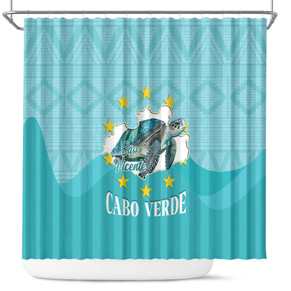 Sao Vincente Cabo Verde Shower Curtain Map With Sea Turtle African Pattern