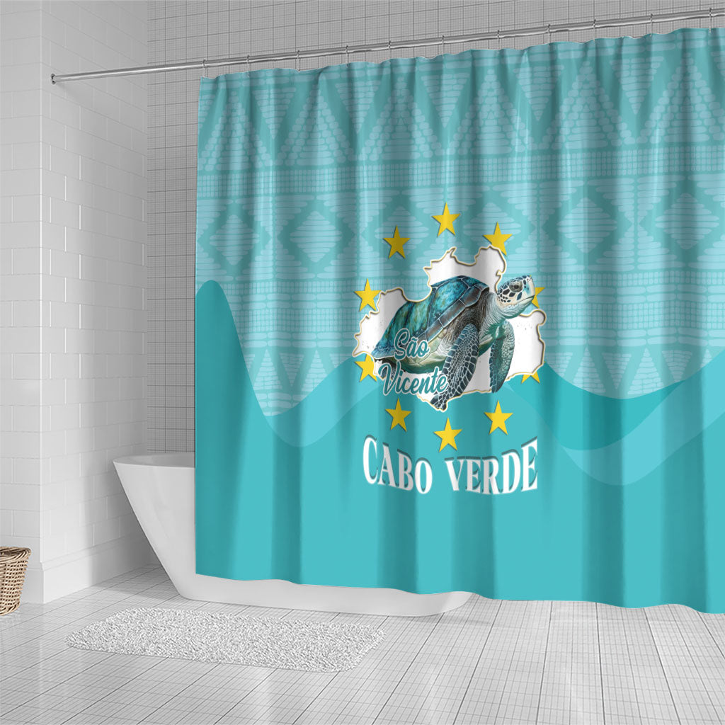 Sao Vincente Cabo Verde Shower Curtain Map With Sea Turtle African Pattern