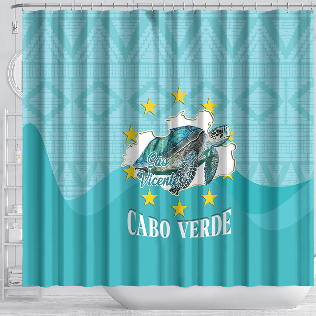 Sao Vincente Cabo Verde Shower Curtain Map With Sea Turtle African Pattern