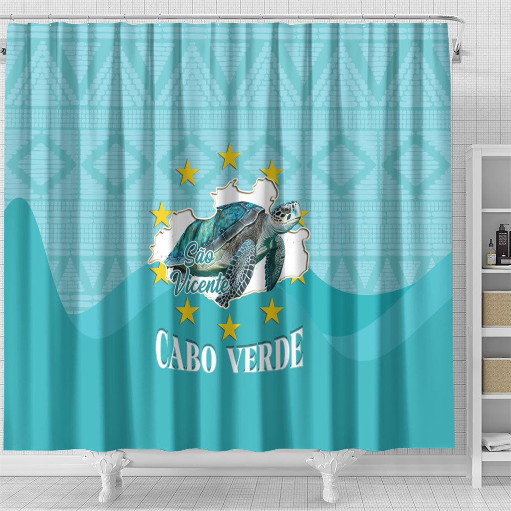Sao Vincente Cabo Verde Shower Curtain Map With Sea Turtle African Pattern