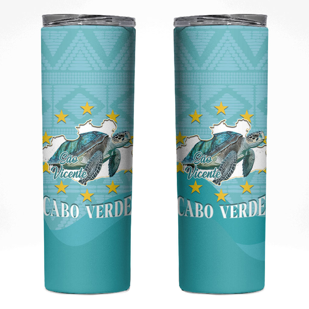 Sao Vincente Cabo Verde Skinny Tumbler Map With Sea Turtle African Pattern