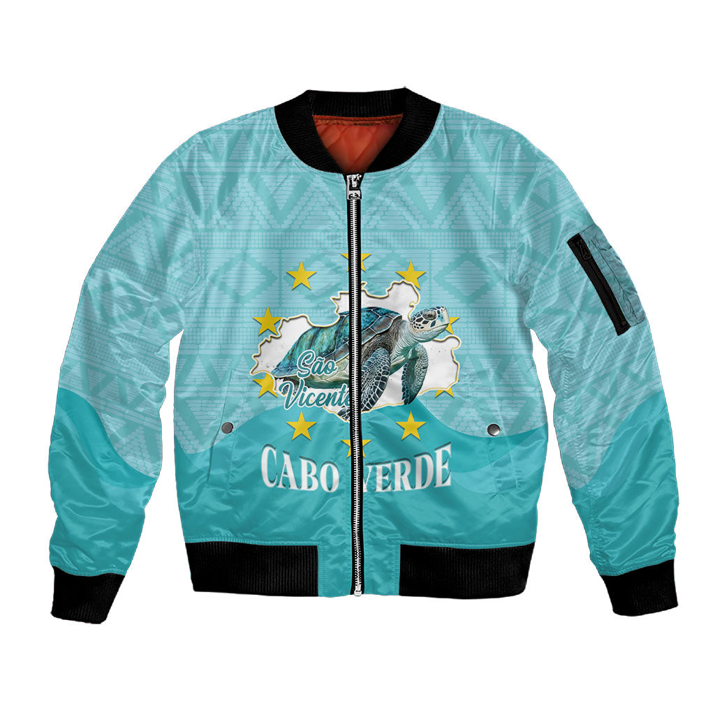 Sao Vincente Cabo Verde Sleeve Zip Bomber Jacket Map With Sea Turtle African Pattern
