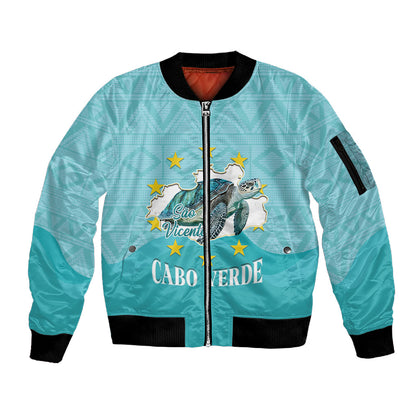 Sao Vincente Cabo Verde Sleeve Zip Bomber Jacket Map With Sea Turtle African Pattern