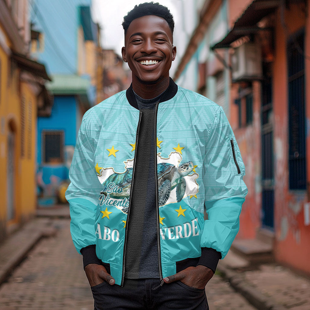 Sao Vincente Cabo Verde Sleeve Zip Bomber Jacket Map With Sea Turtle African Pattern