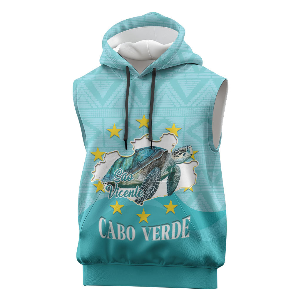 Sao Vincente Cabo Verde Sleeveless Hoodie Map With Sea Turtle African Pattern