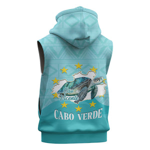 Sao Vincente Cabo Verde Sleeveless Hoodie Map With Sea Turtle African Pattern