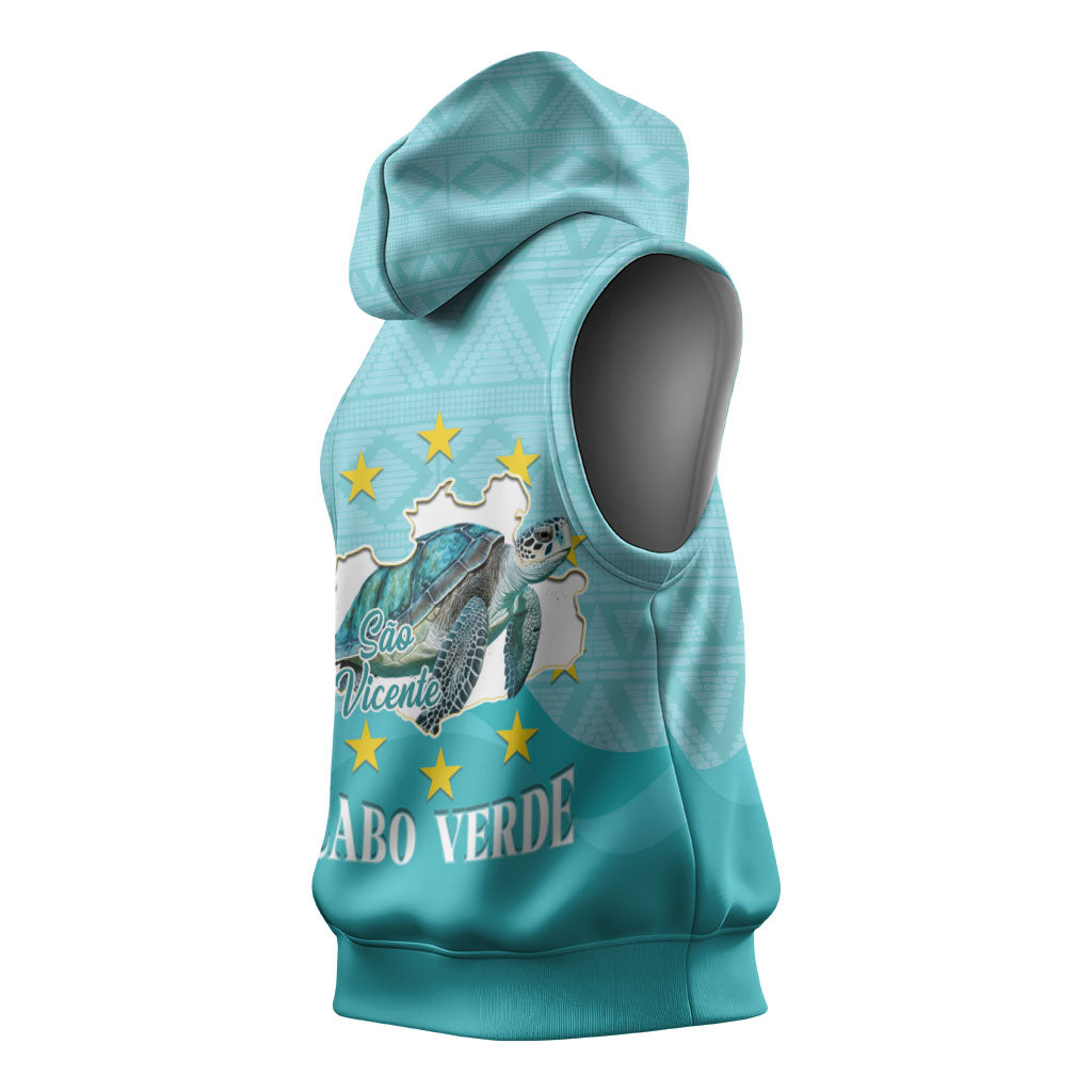 Sao Vincente Cabo Verde Sleeveless Hoodie Map With Sea Turtle African Pattern
