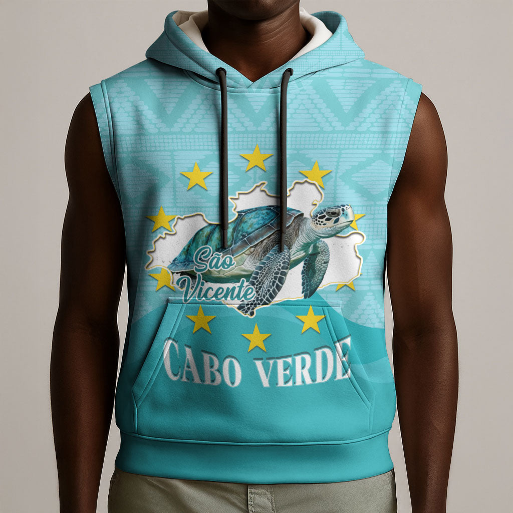 Sao Vincente Cabo Verde Sleeveless Hoodie Map With Sea Turtle African Pattern