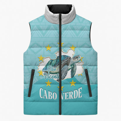 Sao Vincente Cabo Verde Sleeveless Puffer Jacket Map With Sea Turtle African Pattern