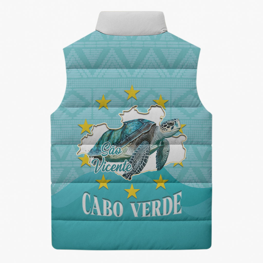 Sao Vincente Cabo Verde Sleeveless Puffer Jacket Map With Sea Turtle African Pattern