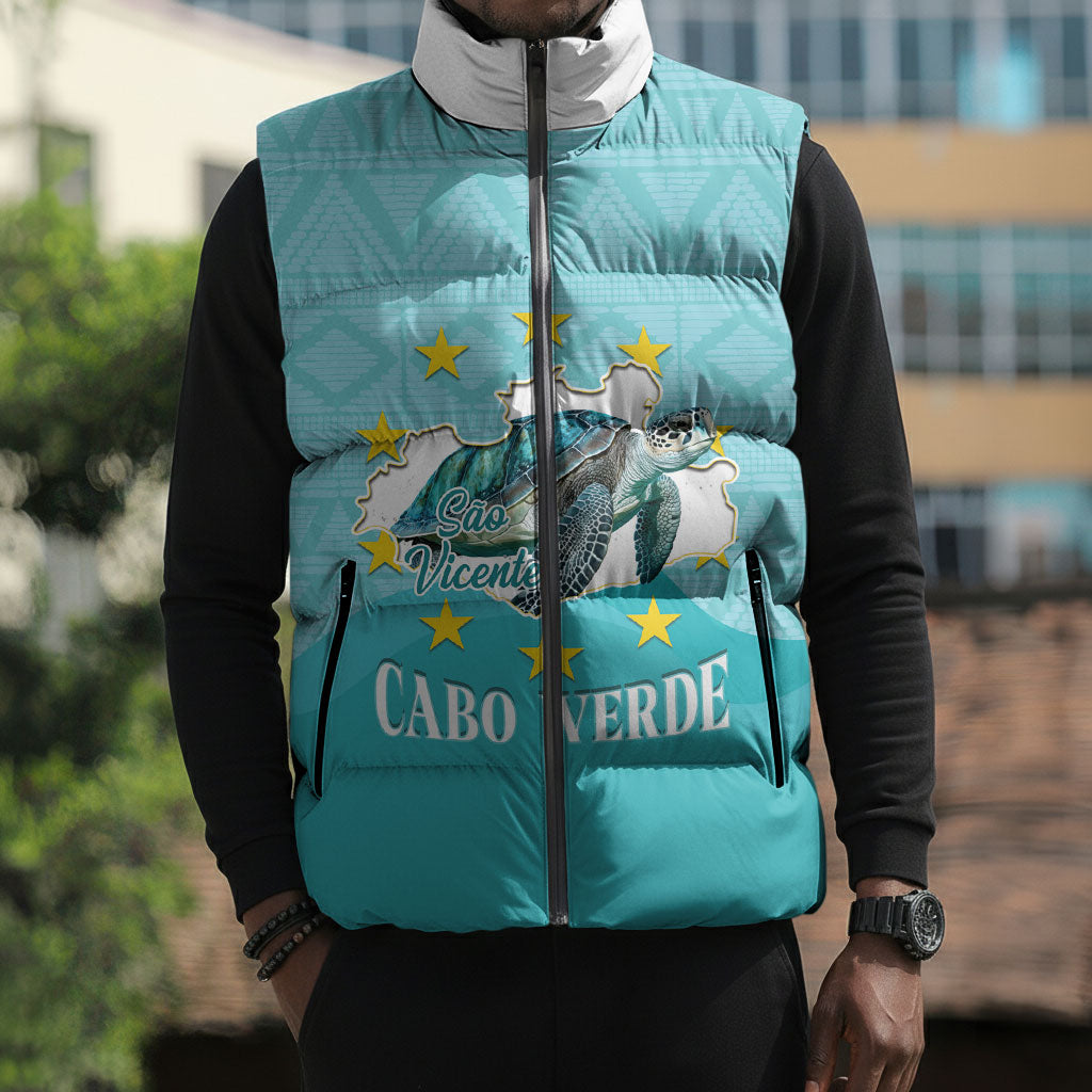 Sao Vincente Cabo Verde Sleeveless Puffer Jacket Map With Sea Turtle African Pattern