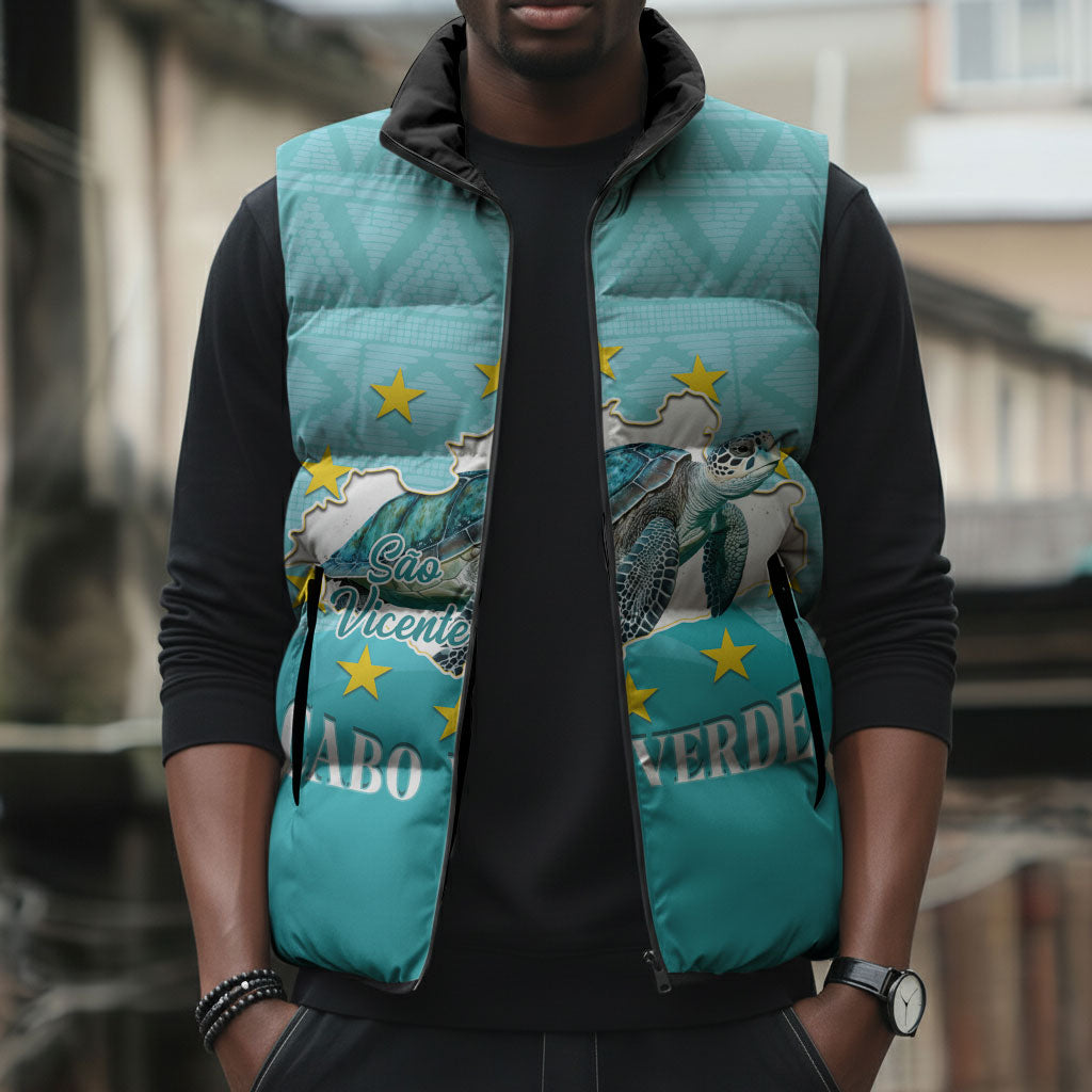 Sao Vincente Cabo Verde Sleeveless Puffer Jacket Map With Sea Turtle African Pattern