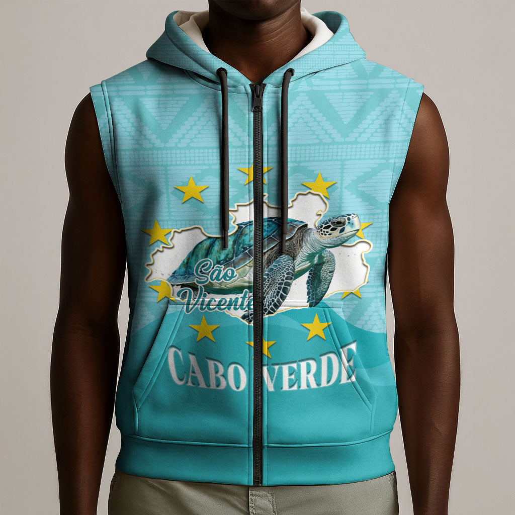 Sao Vincente Cabo Verde Sleeveless Zip Hoodie Map With Sea Turtle African Pattern