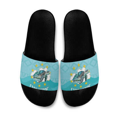 Sao Vincente Cabo Verde Slide Sandals Map With Sea Turtle African Pattern
