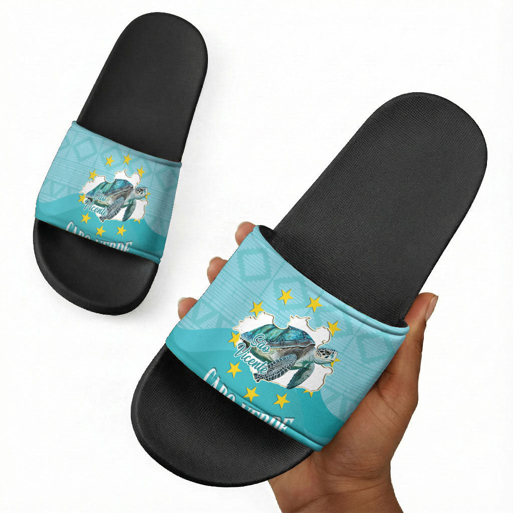 Sao Vincente Cabo Verde Slide Sandals Map With Sea Turtle African Pattern
