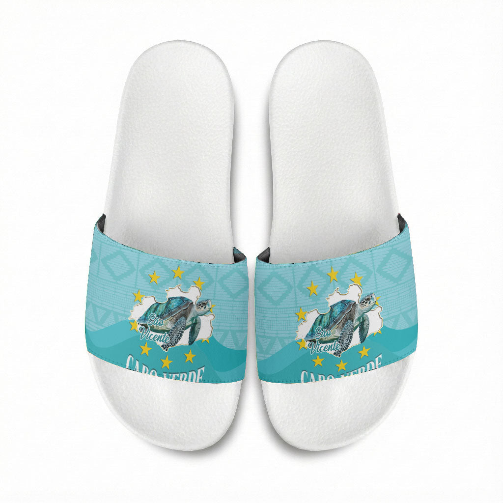 Sao Vincente Cabo Verde Slide Sandals Map With Sea Turtle African Pattern