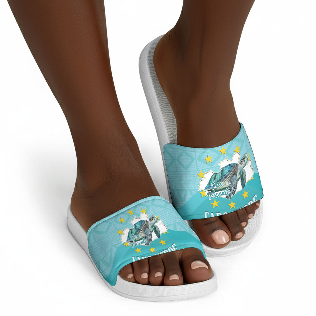 Sao Vincente Cabo Verde Slide Sandals Map With Sea Turtle African Pattern