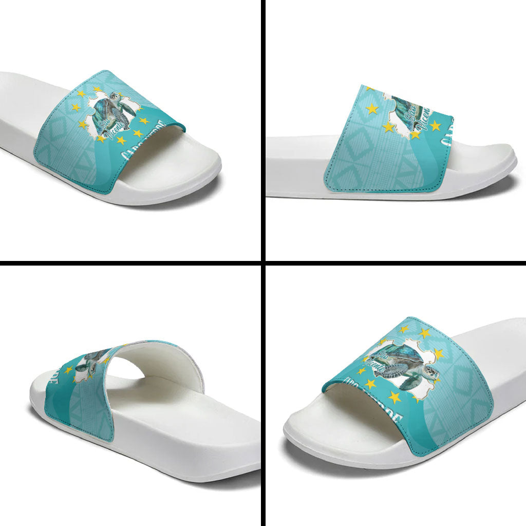Sao Vincente Cabo Verde Slide Sandals Map With Sea Turtle African Pattern