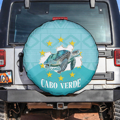 Sao Vincente Cabo Verde Spare Tire Cover Map With Sea Turtle African Pattern