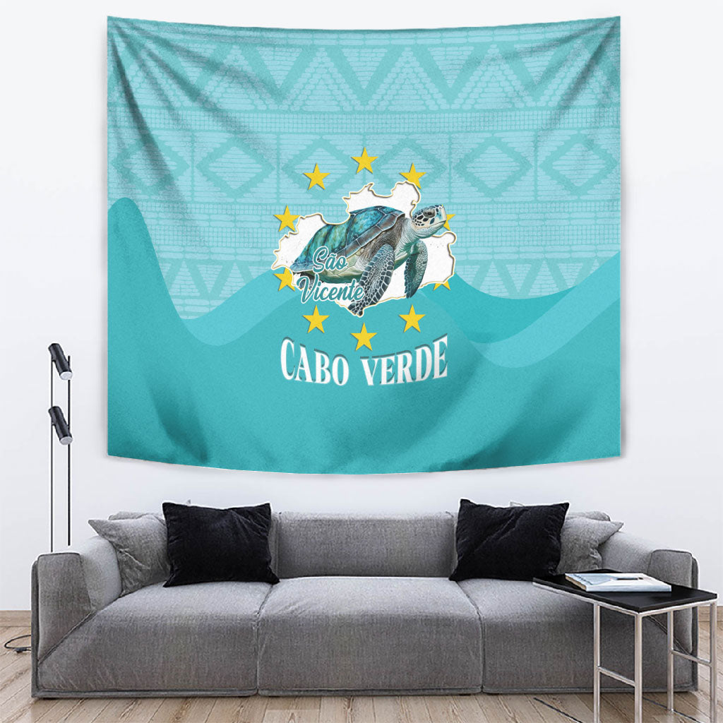 Sao Vincente Cabo Verde Tapestry Map With Sea Turtle African Pattern