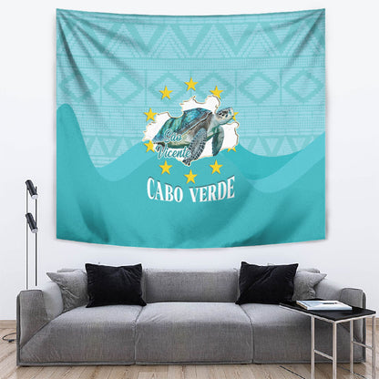 Sao Vincente Cabo Verde Tapestry Map With Sea Turtle African Pattern