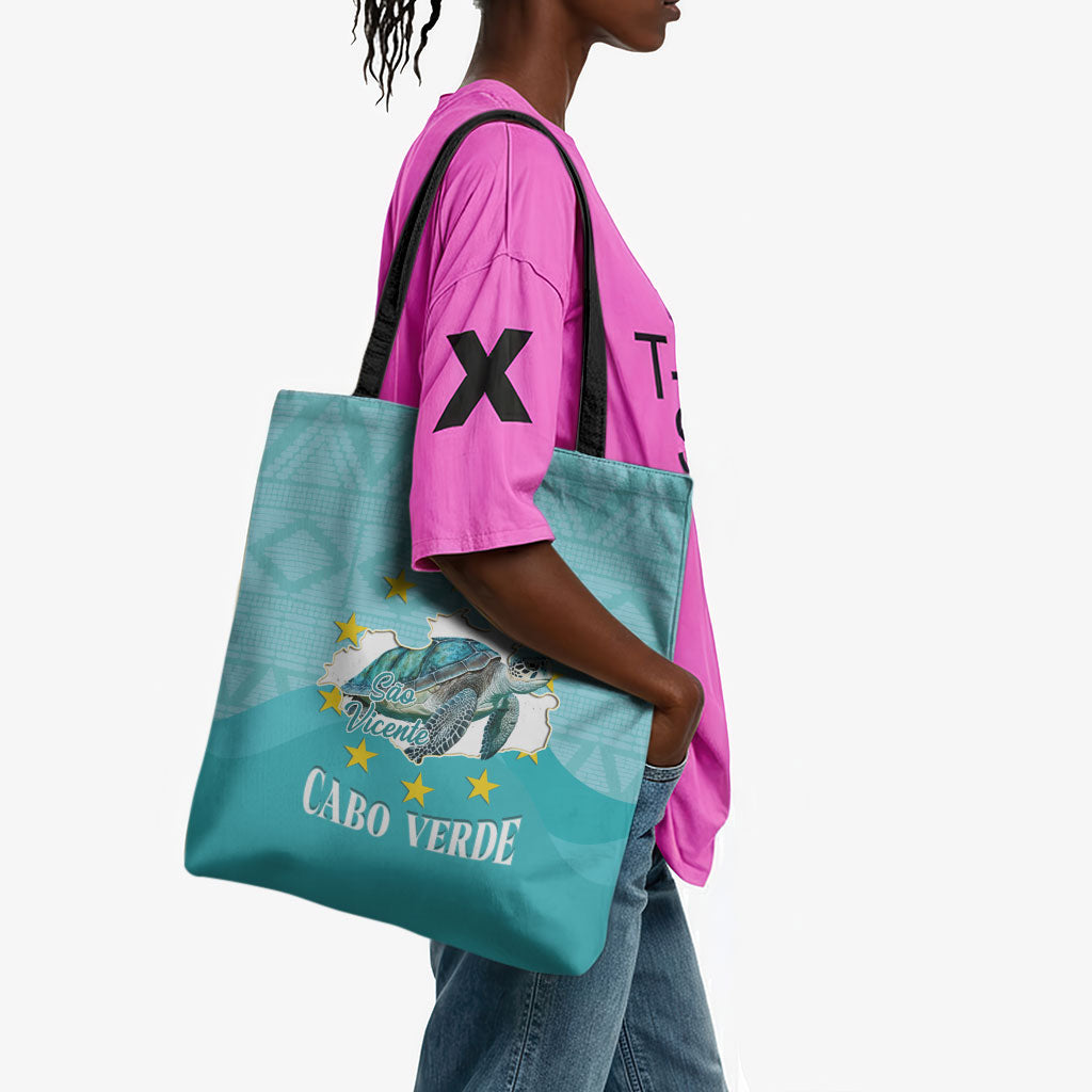 Sao Vincente Cabo Verde Tote Bag Map With Sea Turtle African Pattern