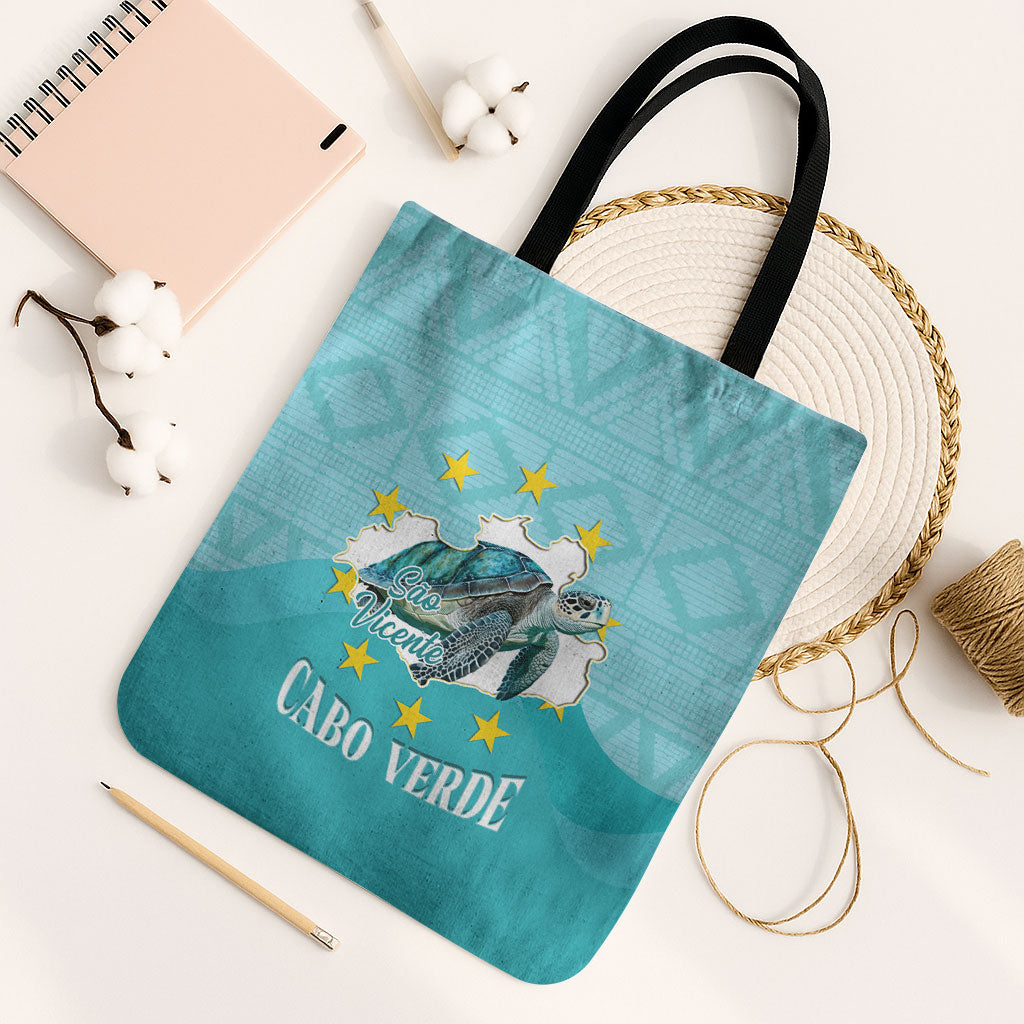 Sao Vincente Cabo Verde Tote Bag Map With Sea Turtle African Pattern