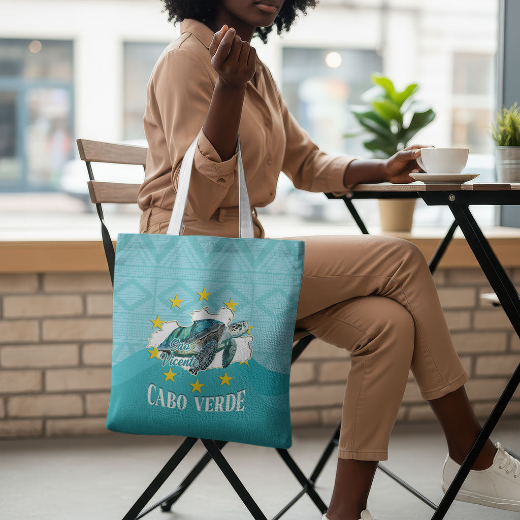 Sao Vincente Cabo Verde Tote Bag Map With Sea Turtle African Pattern