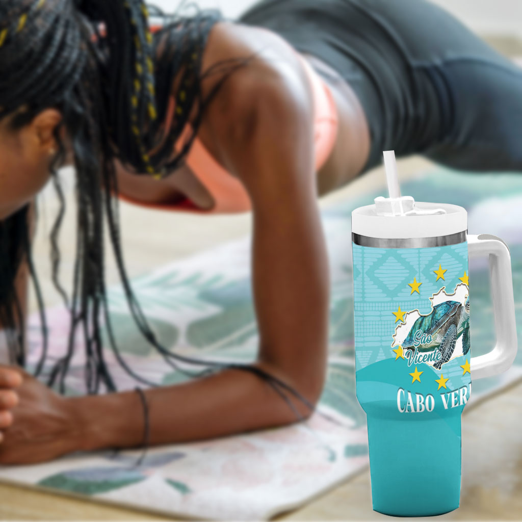 Sao Vincente Cabo Verde Tumbler With Handle Map With Sea Turtle African Pattern