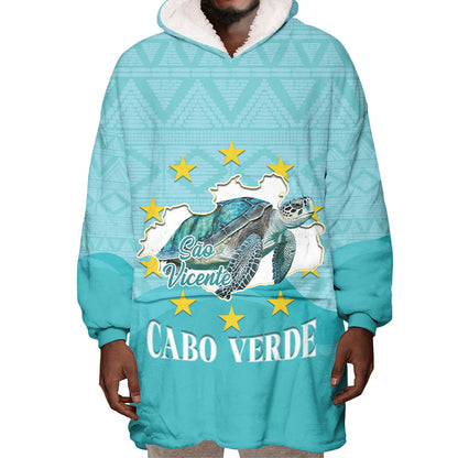 Sao Vincente Cabo Verde Wearable Blanket Hoodie Map With Sea Turtle African Pattern