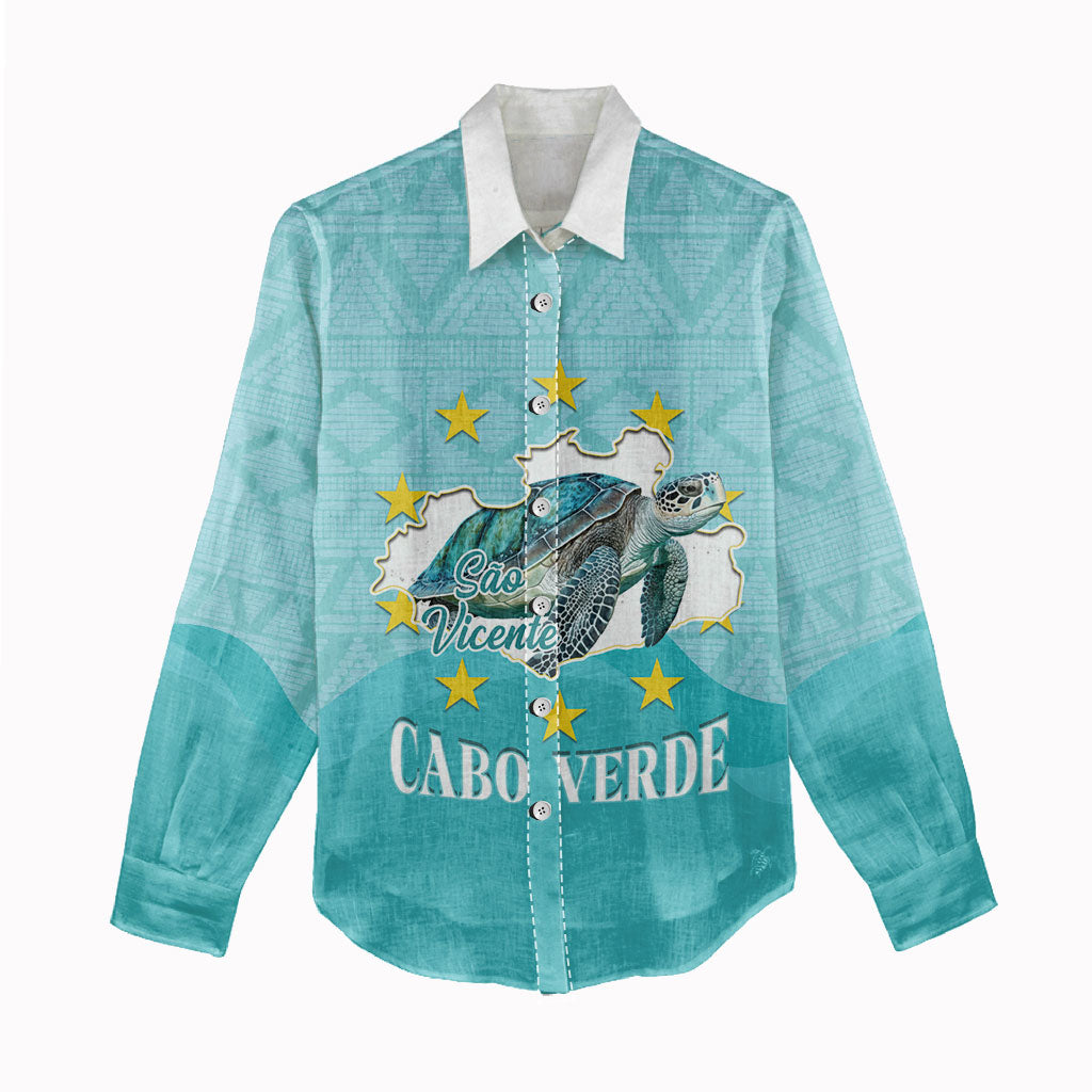 Sao Vincente Cabo Verde Women Casual Shirt Map With Sea Turtle African Pattern