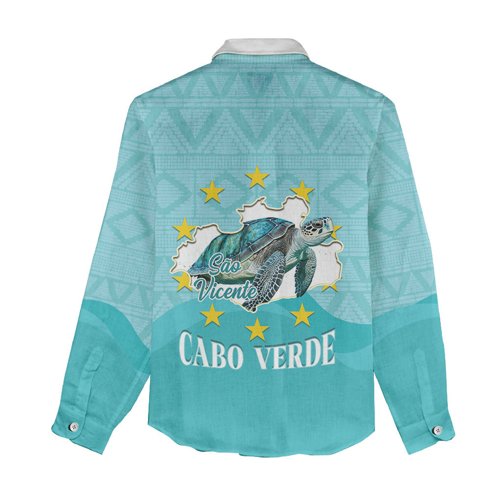 Sao Vincente Cabo Verde Women Casual Shirt Map With Sea Turtle African Pattern