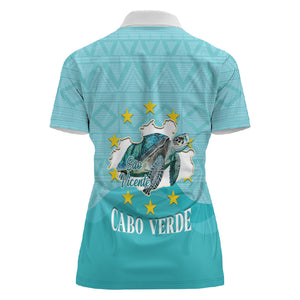 Sao Vincente Cabo Verde Women Polo Shirt Map With Sea Turtle African Pattern
