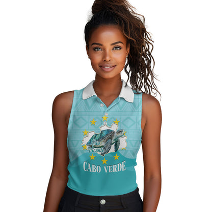 Sao Vincente Cabo Verde Women Sleeveless Polo Shirt Map With Sea Turtle African Pattern