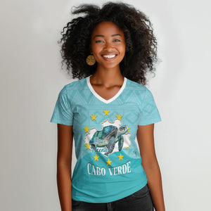 Sao Vincente Cabo Verde Women V-Neck T-Shirt Map With Sea Turtle African Pattern