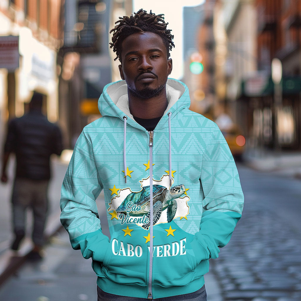 Sao Vincente Cabo Verde Zip Hoodie Map With Sea Turtle African Pattern