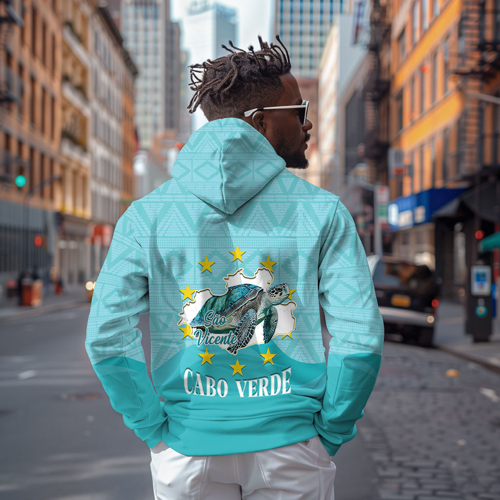 Sao Vincente Cabo Verde Zip Hoodie Map With Sea Turtle African Pattern