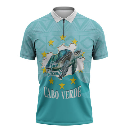 Sao Vincente Cabo Verde Zipper Polo Shirt Map With Sea Turtle African Pattern