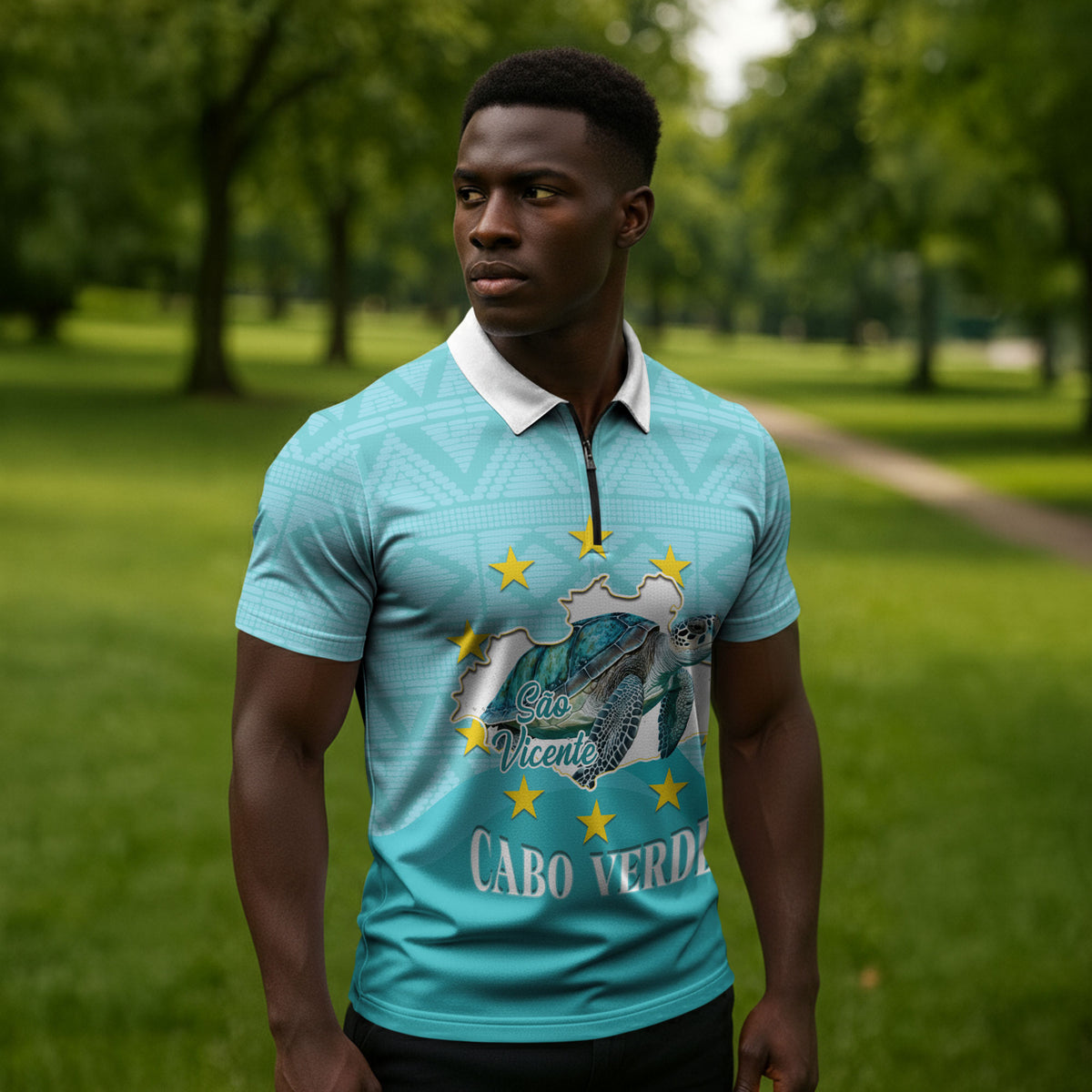 Sao Vincente Cabo Verde Zipper Polo Shirt Map With Sea Turtle African Pattern