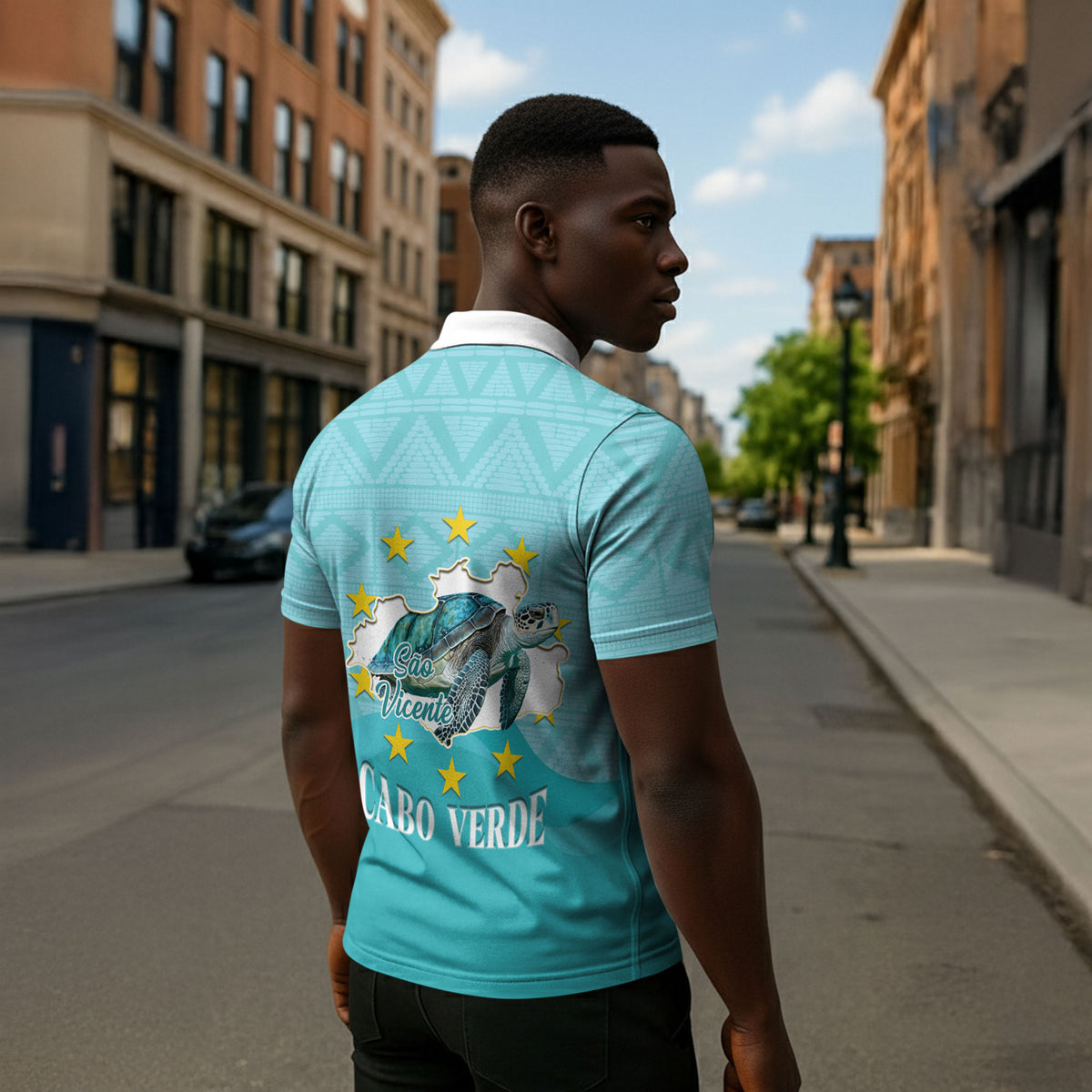 Sao Vincente Cabo Verde Zipper Polo Shirt Map With Sea Turtle African Pattern