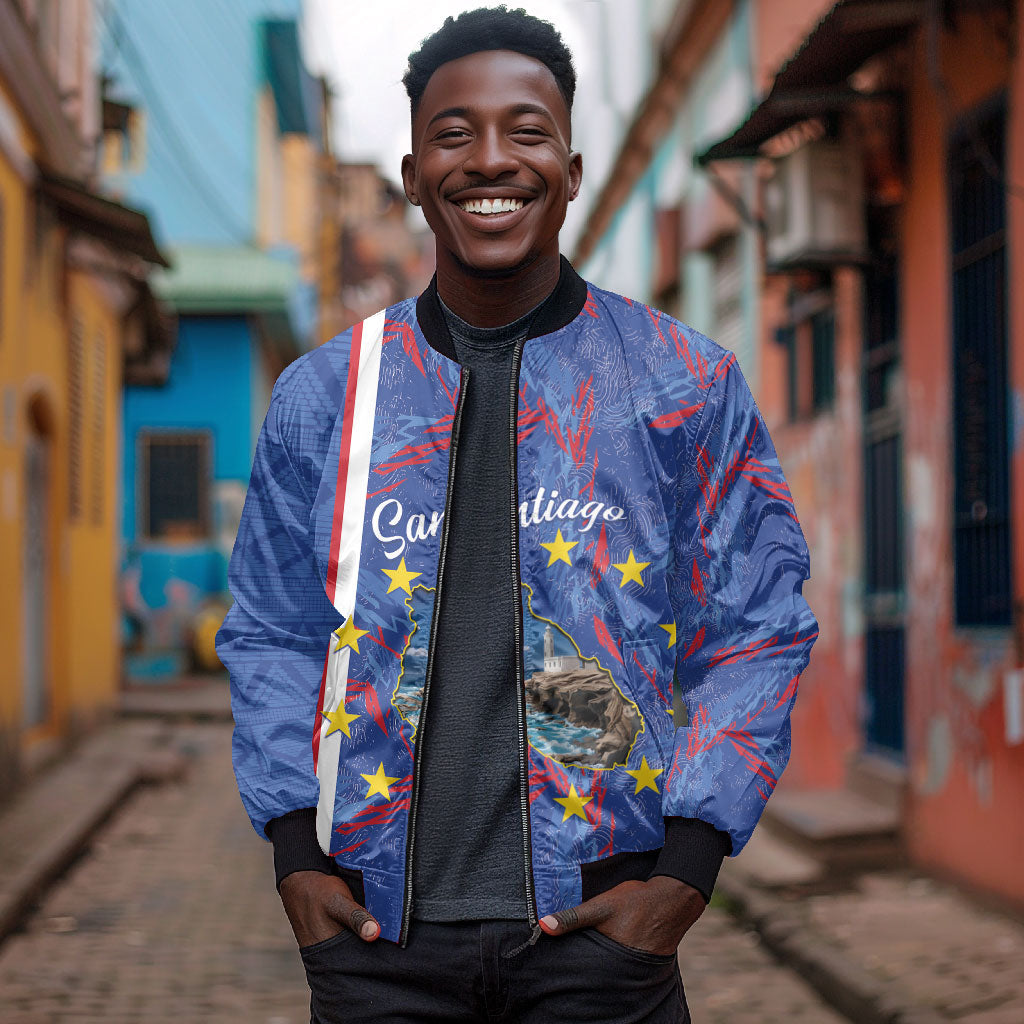 Personalized Santiago Cabo Verde Bomber Jacket Map With Farol de Dona Maria Pia