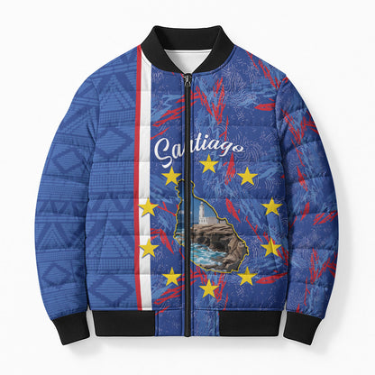 Personalized Santiago Cabo Verde Bomber Puffer Jacket Map With Farol de Dona Maria Pia