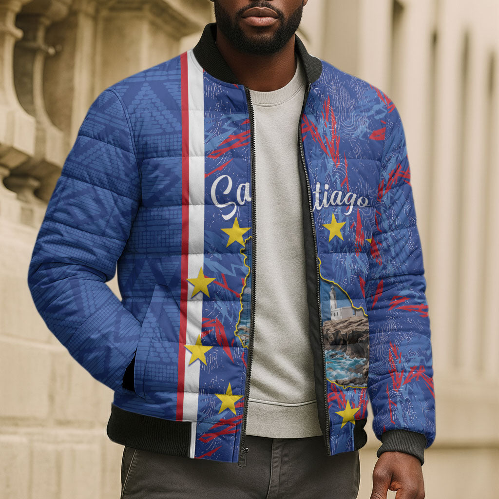 Personalized Santiago Cabo Verde Bomber Puffer Jacket Map With Farol de Dona Maria Pia