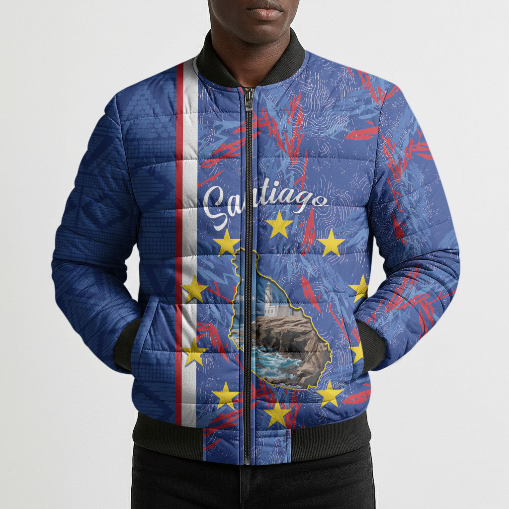 Personalized Santiago Cabo Verde Bomber Puffer Jacket Map With Farol de Dona Maria Pia