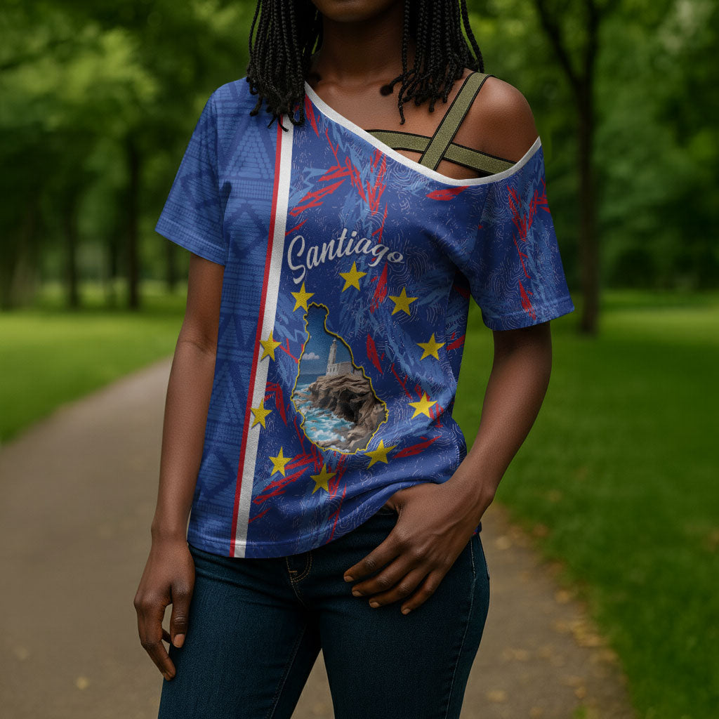 Personalized Santiago Cabo Verde Cross Shoulder Shirt Map With Farol de Dona Maria Pia