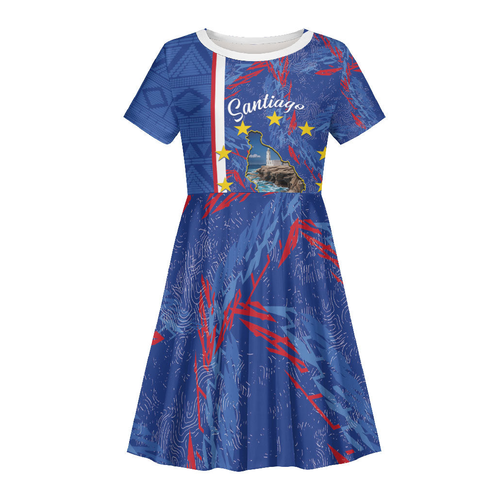 Personalized Santiago Cabo Verde Kid Short Sleeve Dress Map With Farol de Dona Maria Pia