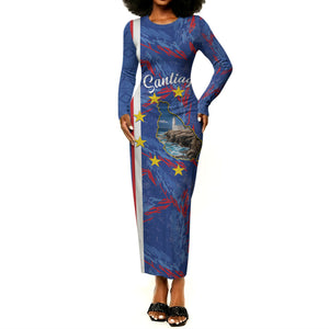 Personalized Santiago Cabo Verde Long Sleeve Bodycon Dress Map With Farol de Dona Maria Pia
